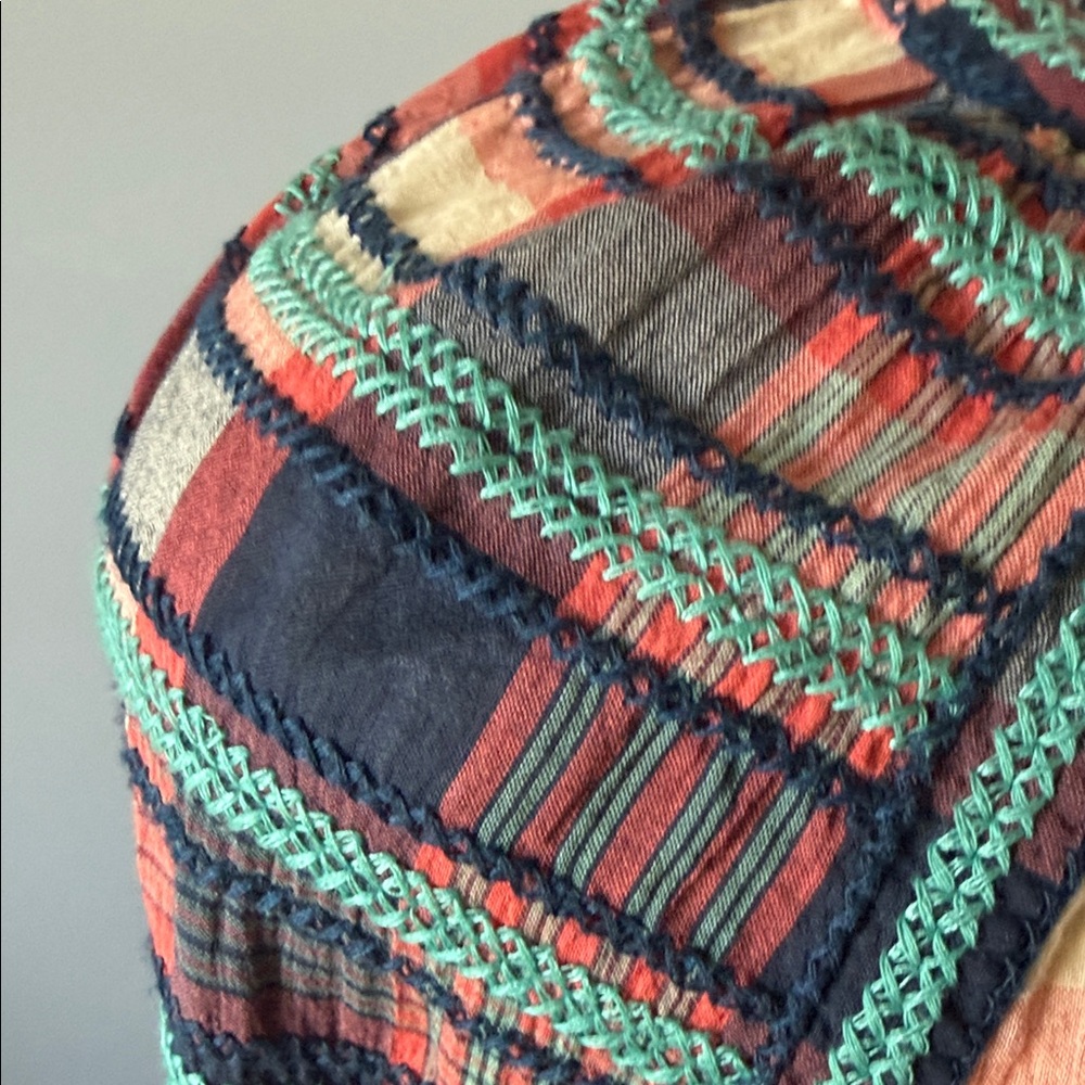 Ivy Jane Red and Blue Plaid Blouse with Embroidered Sleeves - Picture 3 of 6
